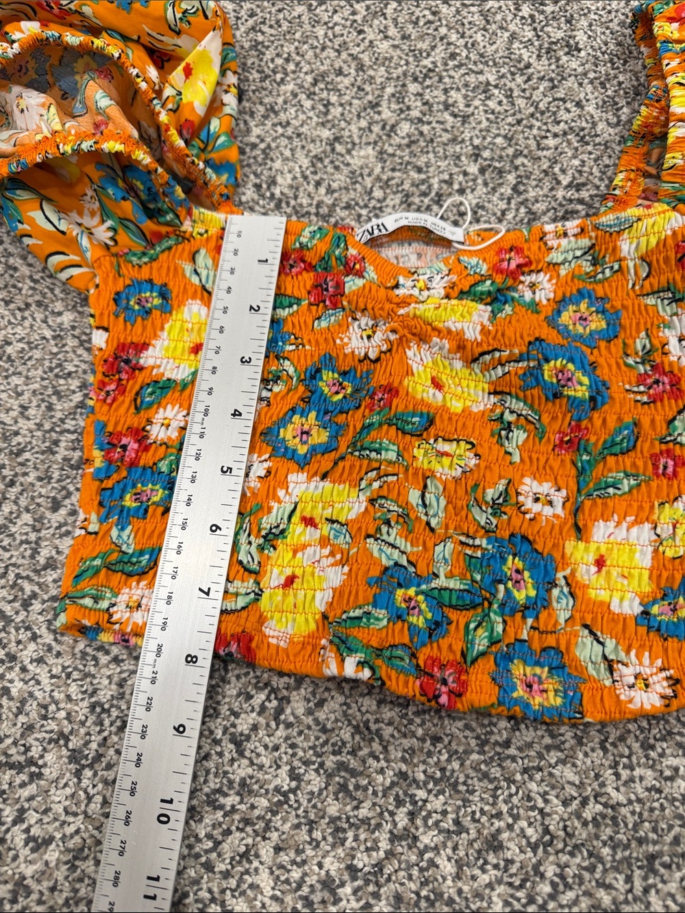 NWT ZARA Size M Orange Floral Smocked Puff-Sleeve Crop Top Peasant Prairiecore - Picture 9 of 10
